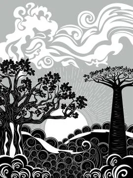 Sunset sea and tree Stock Illustration
