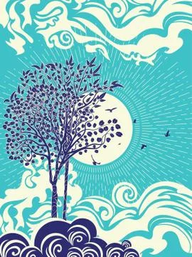 Sunset sea and tree Stock Illustration