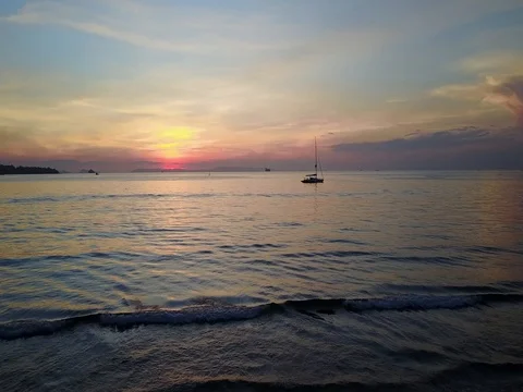 Sunset on sea boat drone Stock Footage 81937982