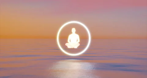 Sunset Sea Meditation 3D Rendering. Meditation person in circle levitate over Stock Footage 229242232