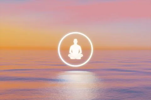Sunset Sea Meditation 3D Rendering. Meditation person in circle levitate over Stock Illustration
