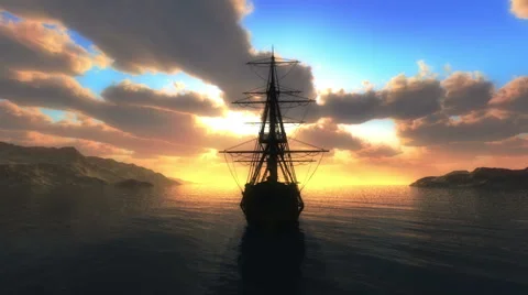 Sunset sea old ship Stock Footage 40313510
