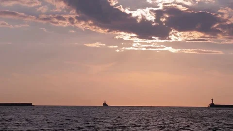 Sunset at the sea. Port. Ship. Stock Footage 76004270