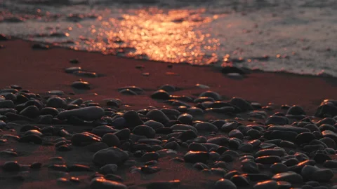 Sunset at sea, sandy beach with pebbles, sun reflection in water Stock Footage 111458927