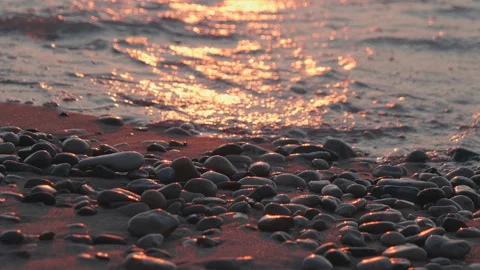 Sunset at sea, sandy beach with pebbles, sun reflection in water, waves Stock Footage 111505122