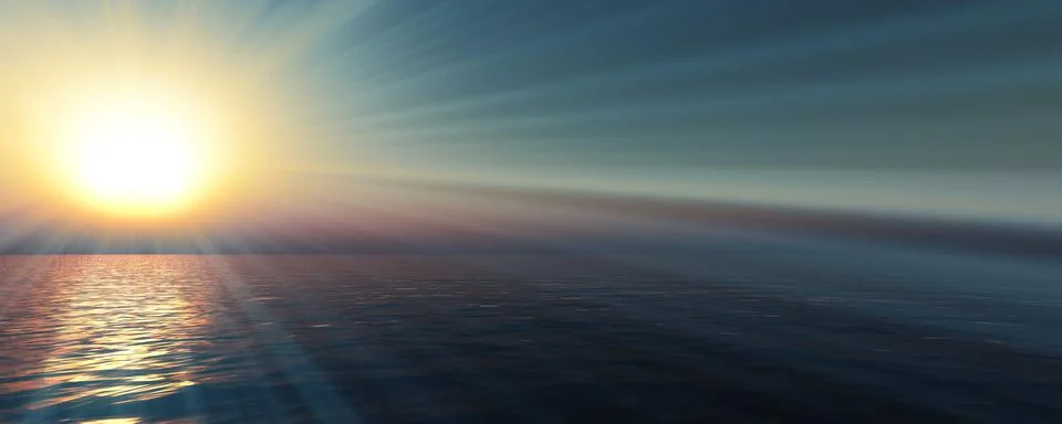 Sunset sea sun ray clear sky. 3d rendering Stock Illustration