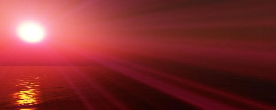 Sunset sea sun ray clear sky. 3d rendering Stock Illustration