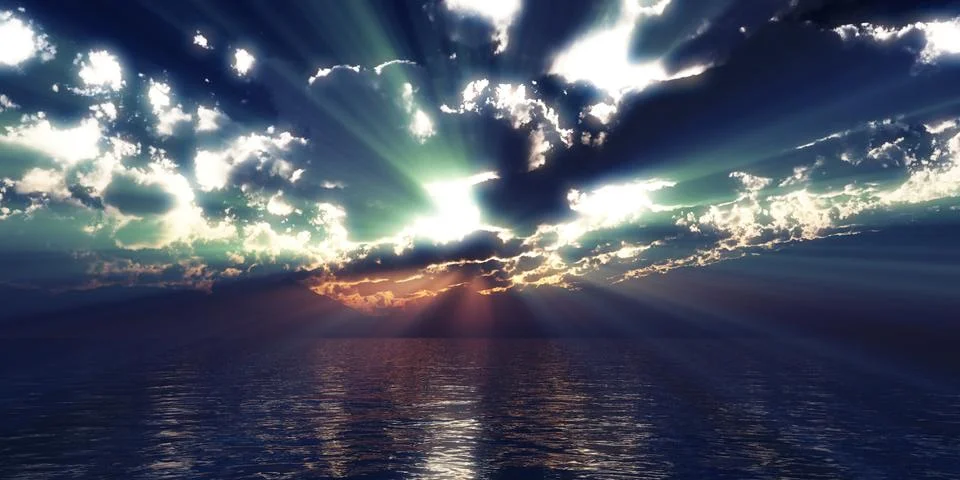 Sunset sea sun ray clouds, 3d rendering イラスト素材