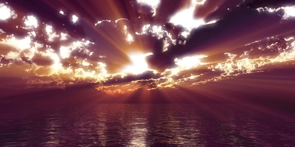 Sunset sea sun ray clouds, 3d rendering Stock Illustration