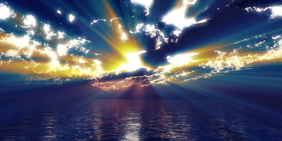 Sunset sea sun ray clouds, 3d rendering Stock Illustration