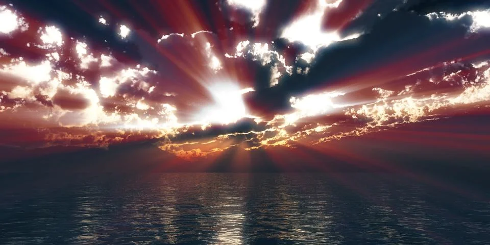 Sunset sea sun ray clouds, 3d rendering Illustrazione stock