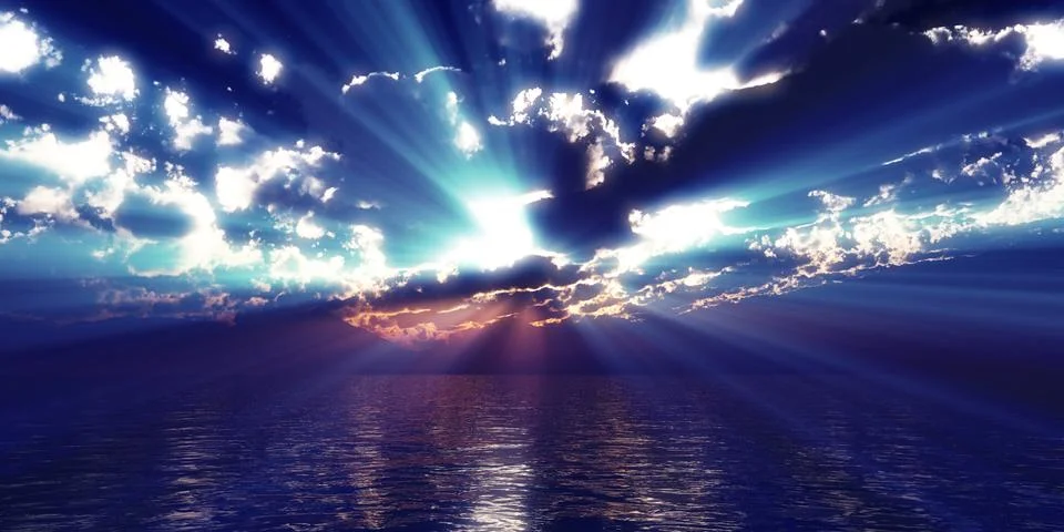 Sunset sea sun ray clouds, 3d rendering Stock Illustration