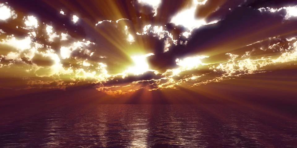 Sunset sea sun ray clouds, 3d rendering イラスト素材