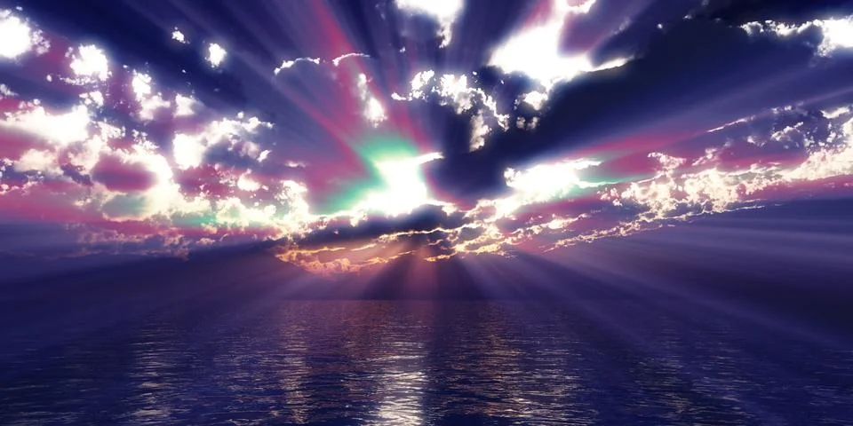 Sunset sea sun ray clouds, 3d rendering イラスト素材