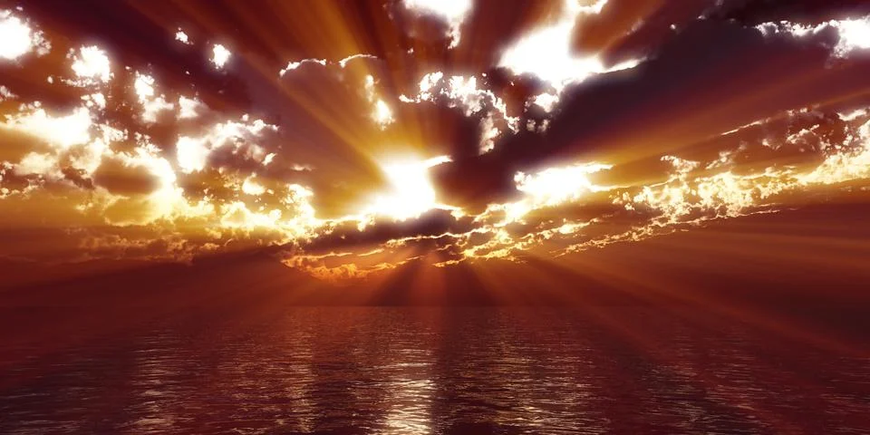 Sunset sea sun ray clouds, 3d rendering イラスト素材