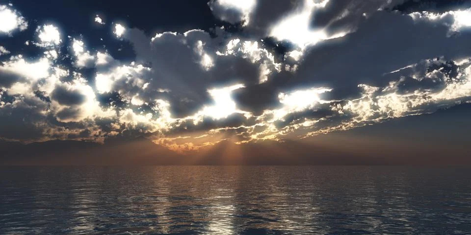Sunset sea sun ray clouds, 3d rendering イラスト素材
