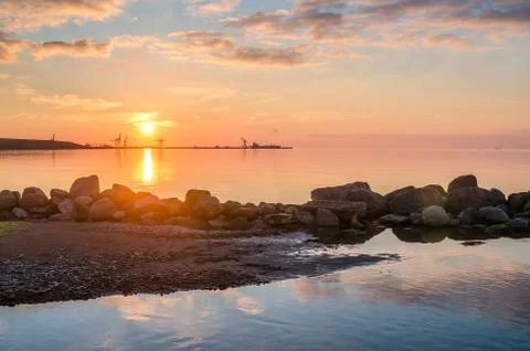 Sunset on the sea, a type on port Stock Photos