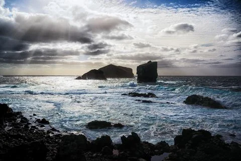 Before sunset on the sea. View from Ponta da Galera. Azores. Stock Photos