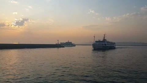 Sunset seagulls and ferries at the Bosphorus Stock Footage 145993869