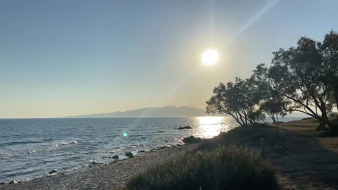 Sunset at Seaside Beach with Trees in Summer, Agokiri, Naxos, Greece Stock Footage 339677331