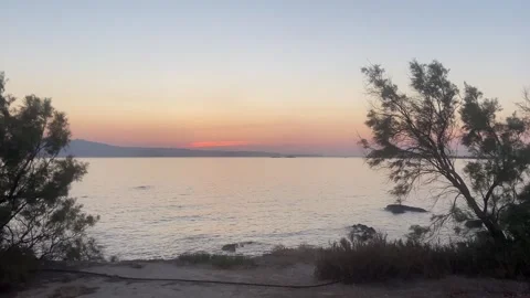 Sunset at Seaside Beach with Trees in Summer, Agokiri, Naxos, Greece Stock Footage 339685168