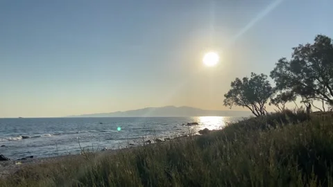 Sunset at Seaside Beach with Trees in Summer, Agokiri, Naxos, Greece Stock Footage 339687390