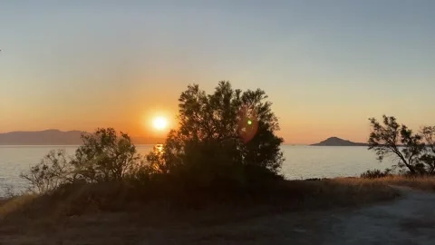Sunset at Seaside Beach with Trees in Summer, Agokiri, Naxos, Greece Stock Footage 339687832