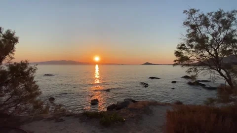 Sunset at Seaside Beach with Trees in Summer, Agokiri, Naxos, Greece Stock Footage 339687858