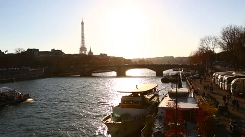 Sunset in Seine River and Eiffel Tower - Paris Stock-Footage 52421867