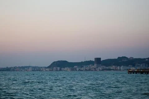 "Sunset Serenade: Capturing Golem Beach and the Adriatic Sea in Durres, Albania Stock Photos