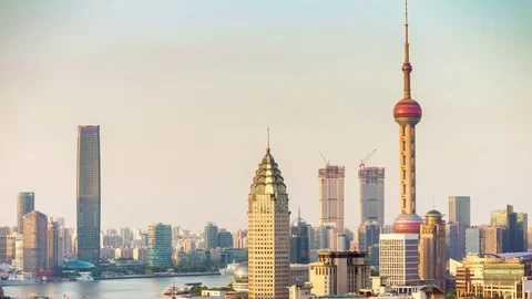 sunset shanghai pudong bay tower constru... | Stock Video | Pond5