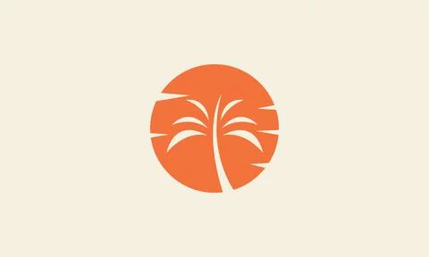 Sunset shape with coconut tree or palm circle simple logo vector icon symbo.. Stock Illustration