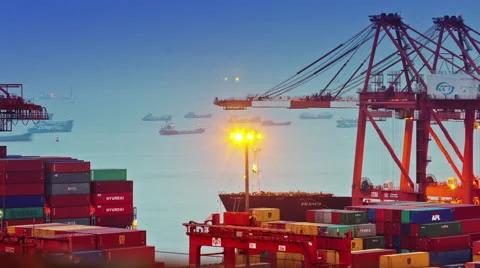 Sunset shenzhen working port ship bay panorama 4k time lapse china Stock Footage 54239072