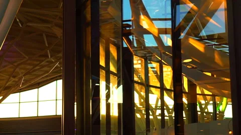 Sunset shine in glass architecture interior abstract futuristic modern building Stock Footage 67566932