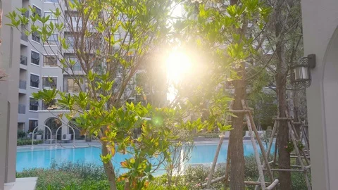 Sunset Shines Through the Tropical Greenery near Condominium Complex in Thailand Stock Footage 127286256