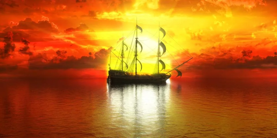 Sunset, ship on the background of the setting sun Stock Illustration