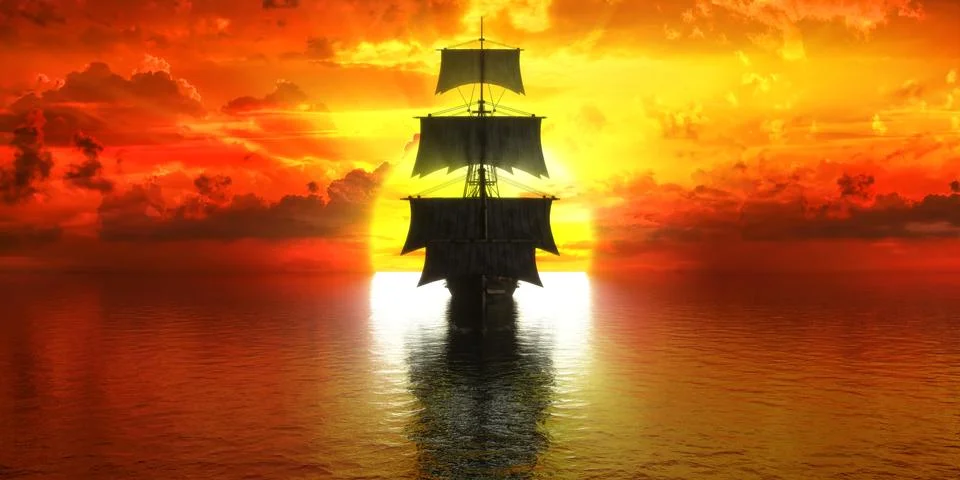 Sunset, ship on the background of the setting sun Stock Illustration