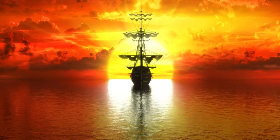 Sunset, ship on the background of the setting sun Stock Illustration