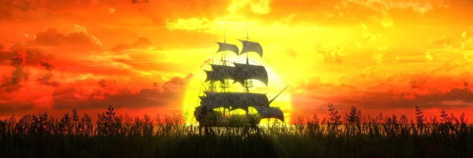 Sunset, ship on the background of the setting sun Stockillustratie