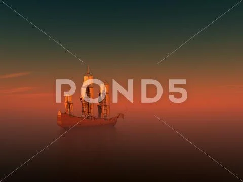 Sunset with ship Stock Illustration