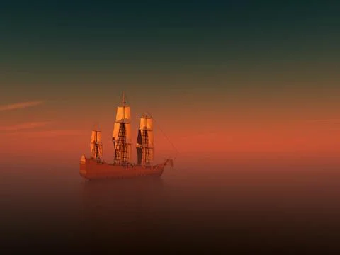 Sunset with ship Illustrazione stock