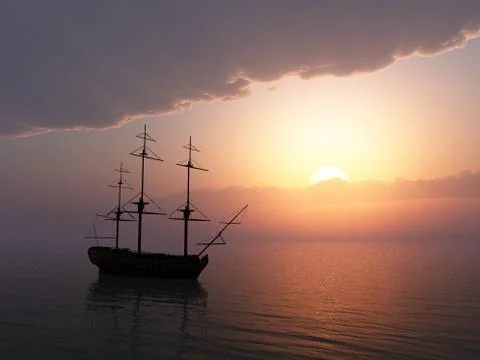 Sunset with ship Illustrazione stock