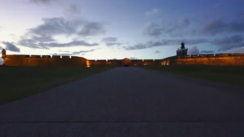 Sunset shot going towards El Morro-The Fortress in Old San Juan, Puerto Rico Stock Footage 81672396