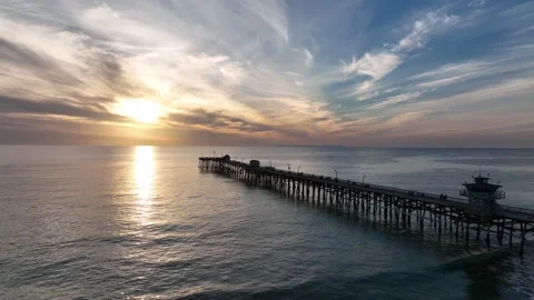 Sunset shot of San Clement Pier from a done Stock Footage 168651024