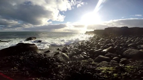 Sunset Shot From a Waves Crashing To Stone in Eyrarbakki, Sandy Beach  Iceland Stock Footage 118259958
