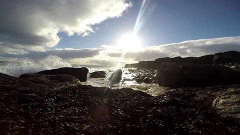 Sunset Shot From a Waves Crashing To Stone in Eyrarbakki, Sandy Beach  Iceland Video stock 118260170