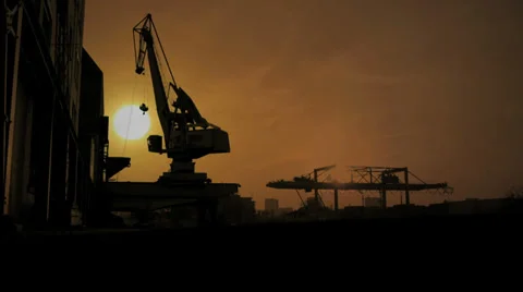Sunset silhouette of crane industrial. time lapse. Stock Footage 33803430