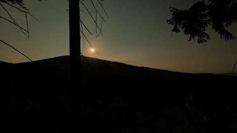 Sunset Silhouette Over Hill and Bare Trees, Karkonosze Poland Vídeo Stock 342853621