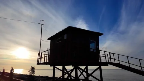 Sunset Silhouette Of Seaside Observation Deck Stock Footage 341498327