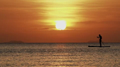 Sunset silhouette on sup board crossing sun in tropical sea Stock Footage 330873891